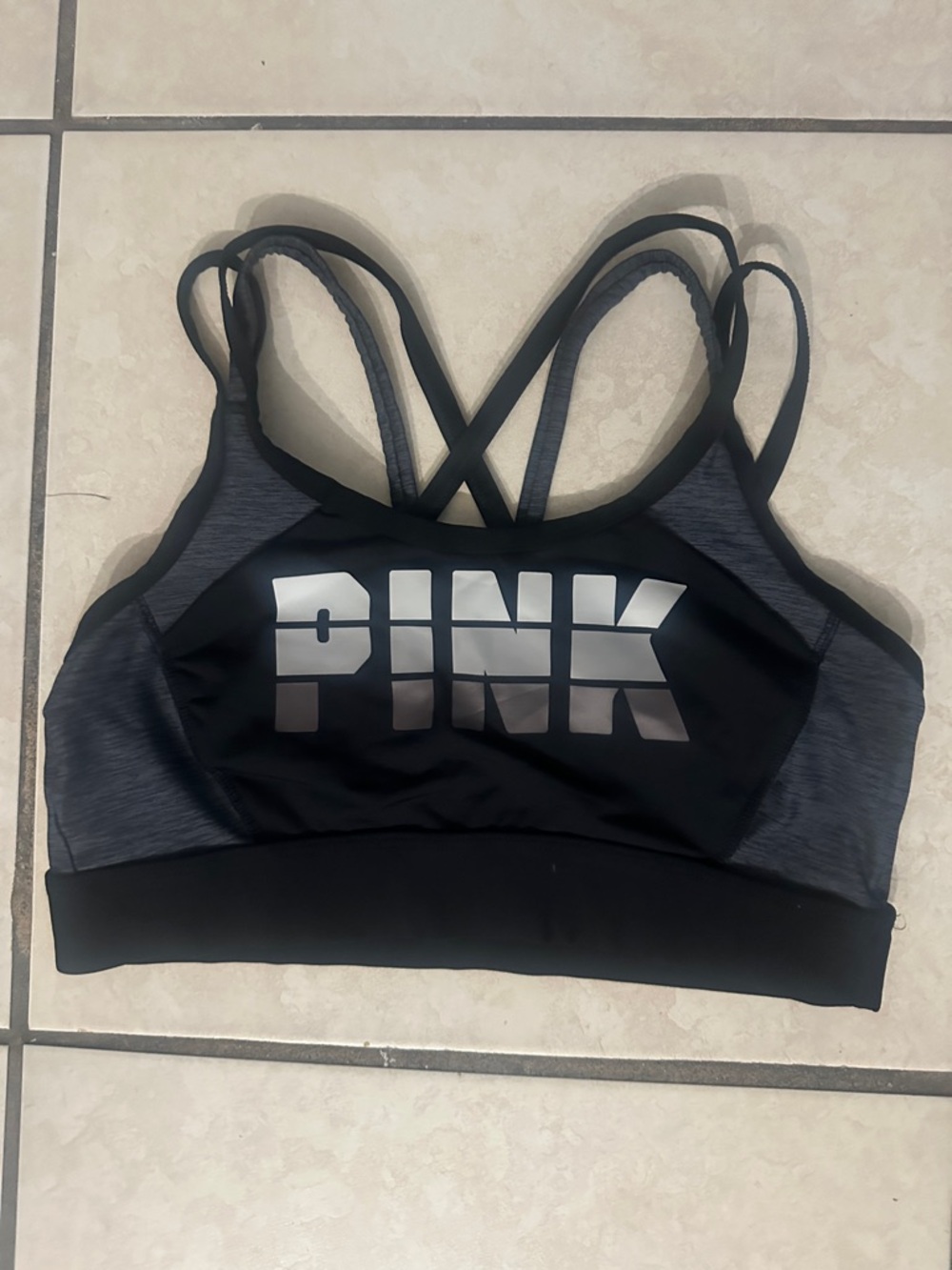PINK Victoria's Secret Black and Gray Strappy Sports Bra Sz M